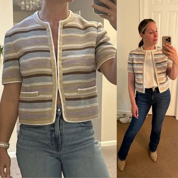 VERONICA BEARD Wyatt Khaki Multicolor Striped Short Sleeve Jacket - Picture 7 of 12